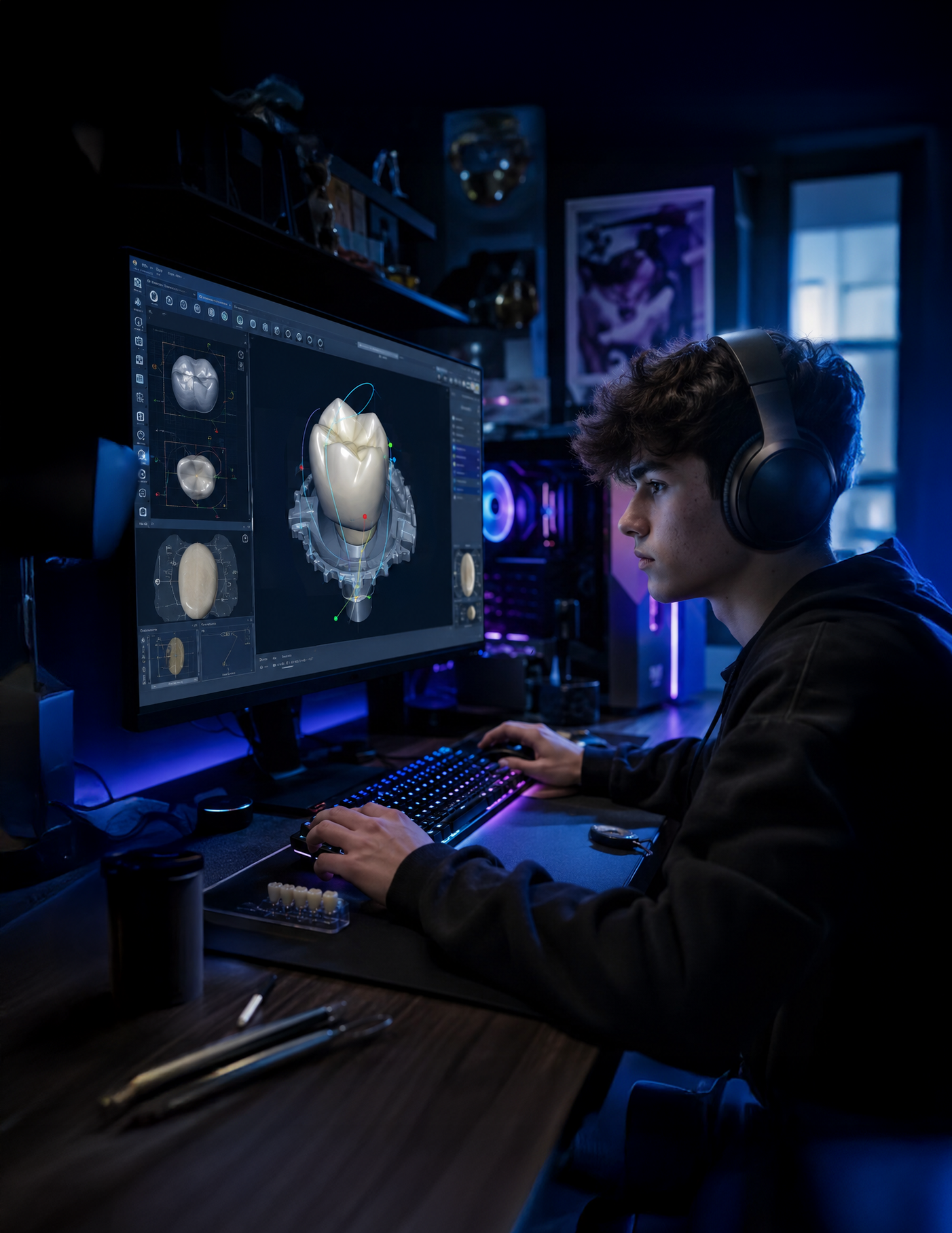 Software CAD dentar — model 3D al unui dinte, alături de student cu căști